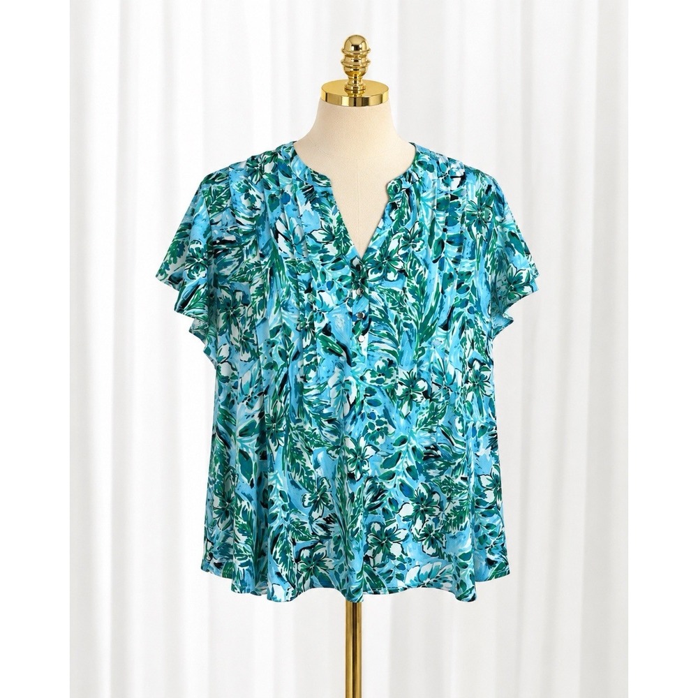 New Cocomo Popover Top Stretch Knit V Neck Flutter Sleeves Vibrant Floral 2x
